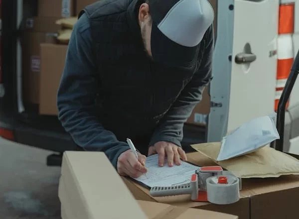 Warehouse worker handling logistic packaging services in UAE with palletized boxes